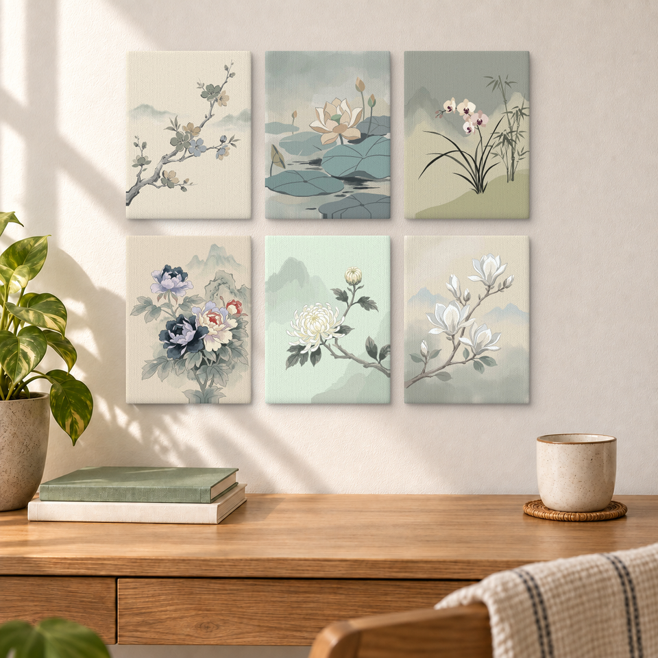 Traditional Floral Illustrations — completed artworks displayed in a room; frames shown for styling.