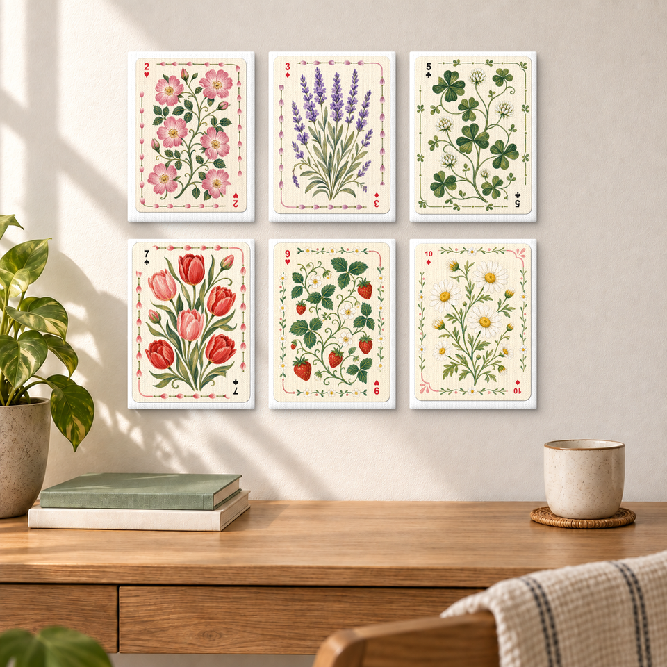 Botanical Playing Cards — completed artworks displayed in a room; frames shown for styling.
