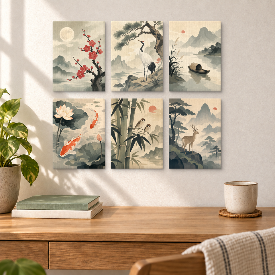 Traditional Nature Paintings — completed artworks displayed in a room; frames shown for styling.