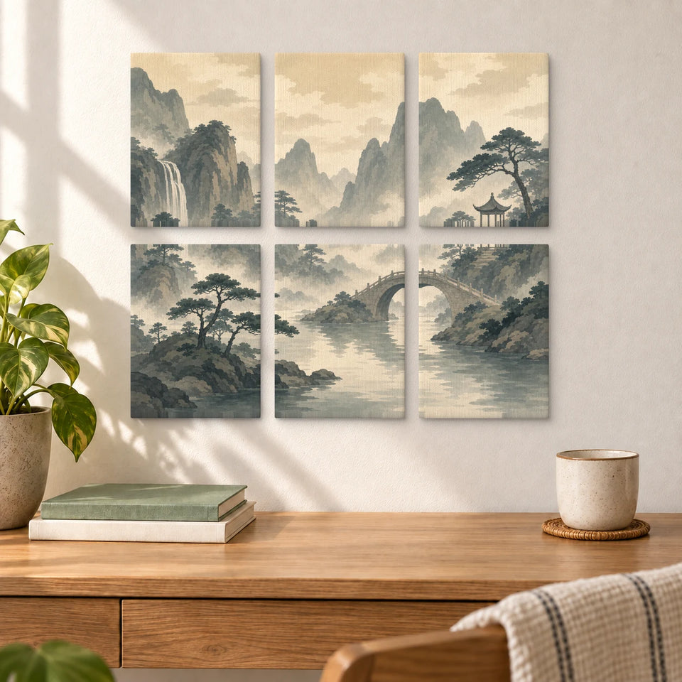 Chinese Landscape Painting: six-panel finished artwork displayed on a wall.