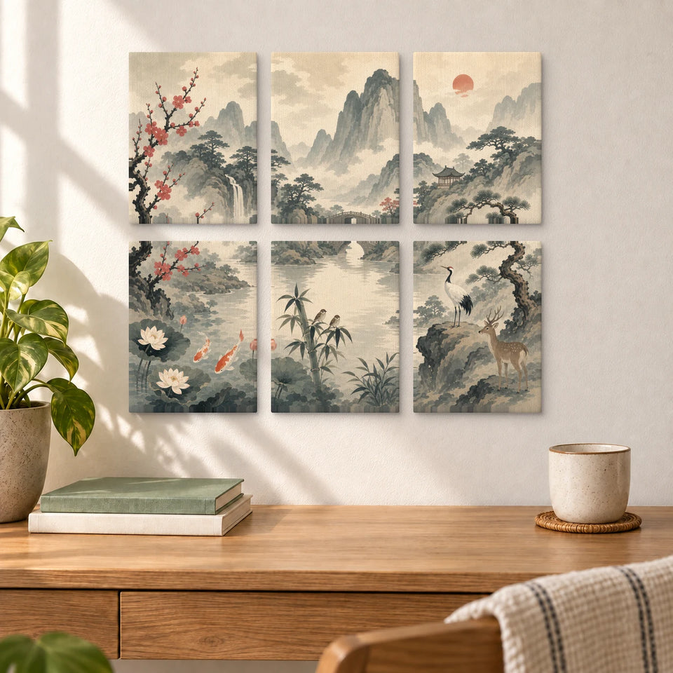 East Asian Landscapes: six-panel finished artwork displayed on a wall.