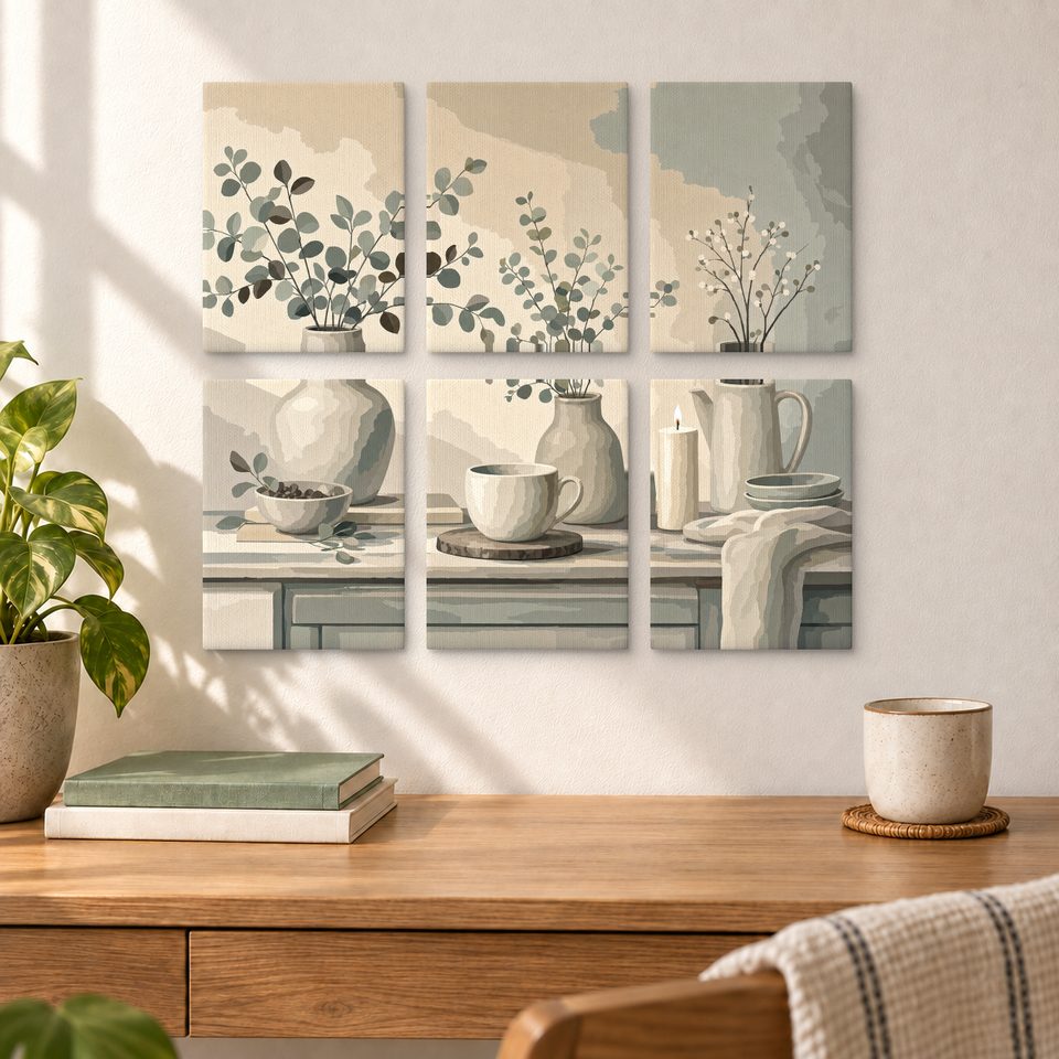 Neutral Botanical Still Life — completed artworks displayed in a room; frames shown for styling.