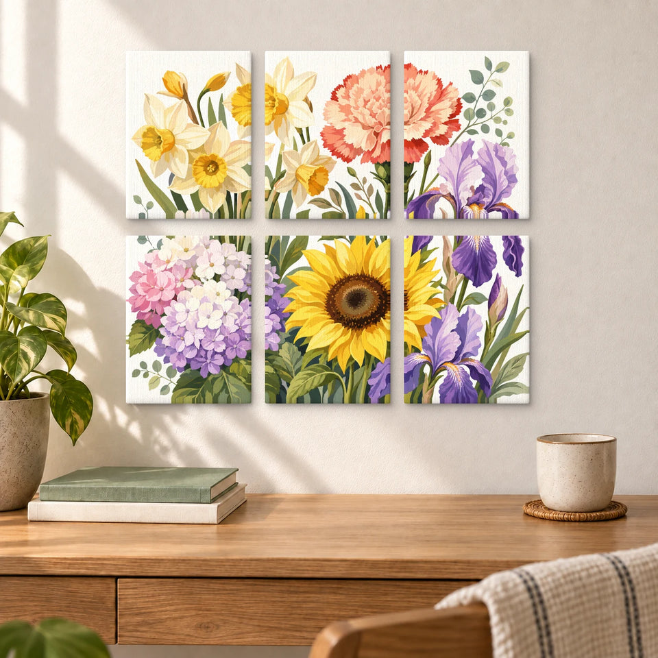 Six Floral Panels: six-panel finished artwork displayed on a wall.