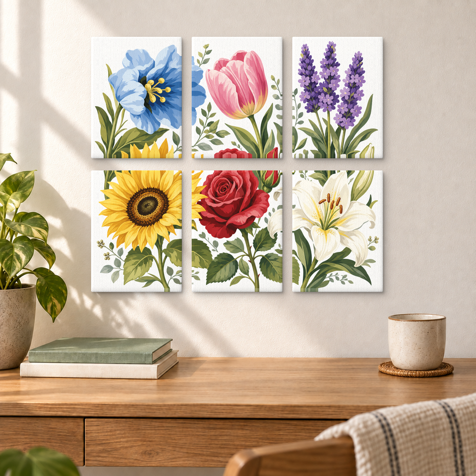 Six Floral Illustrations — completed artworks displayed in a room; frames shown for styling.