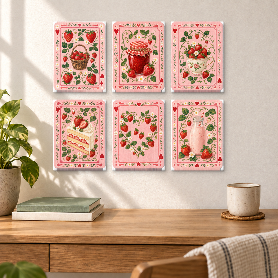 Vintage Strawberry Illustrations — completed artworks displayed in a room; frames shown for styling.