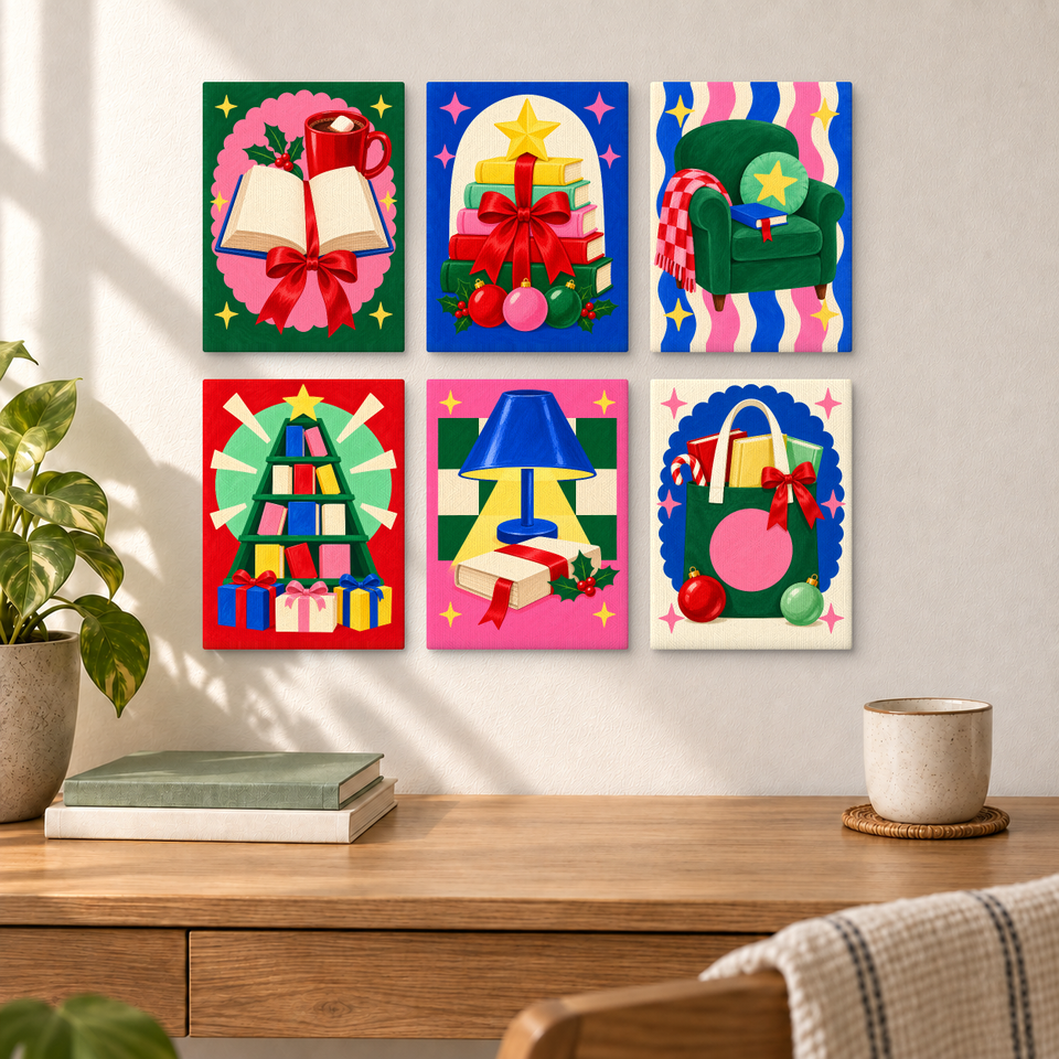 Christmas Book Club — completed artworks displayed in a room; frames shown for styling.