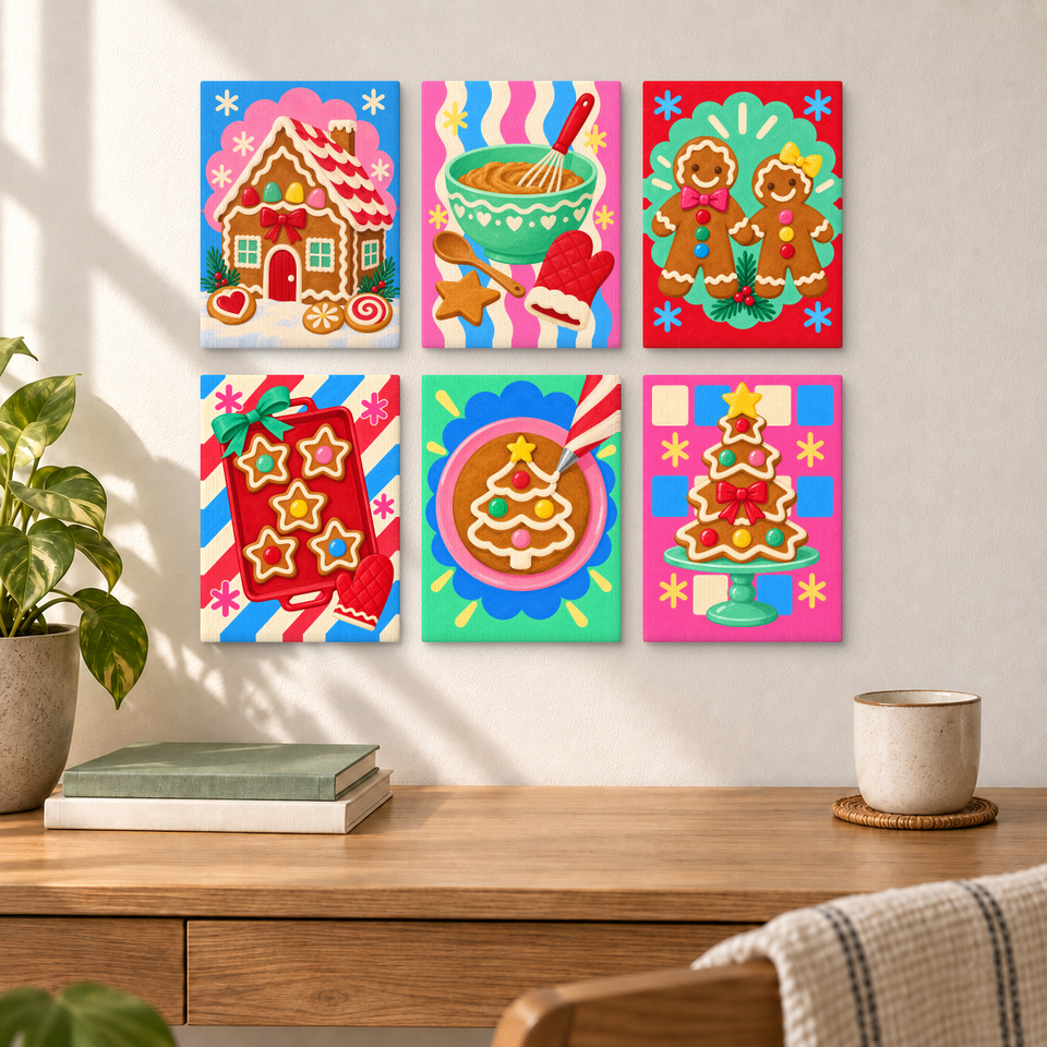 Gingerbread Bake Party — completed artworks displayed in a room; frames shown for styling.