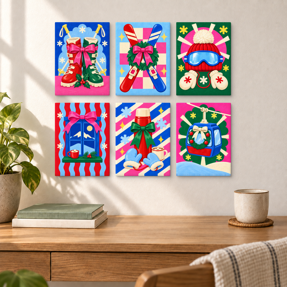 Apres-ski Christmas — completed artworks displayed in a room; frames shown for styling.