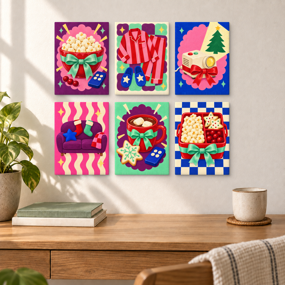Christmas Movie Night — completed artworks displayed in a room; frames shown for styling.