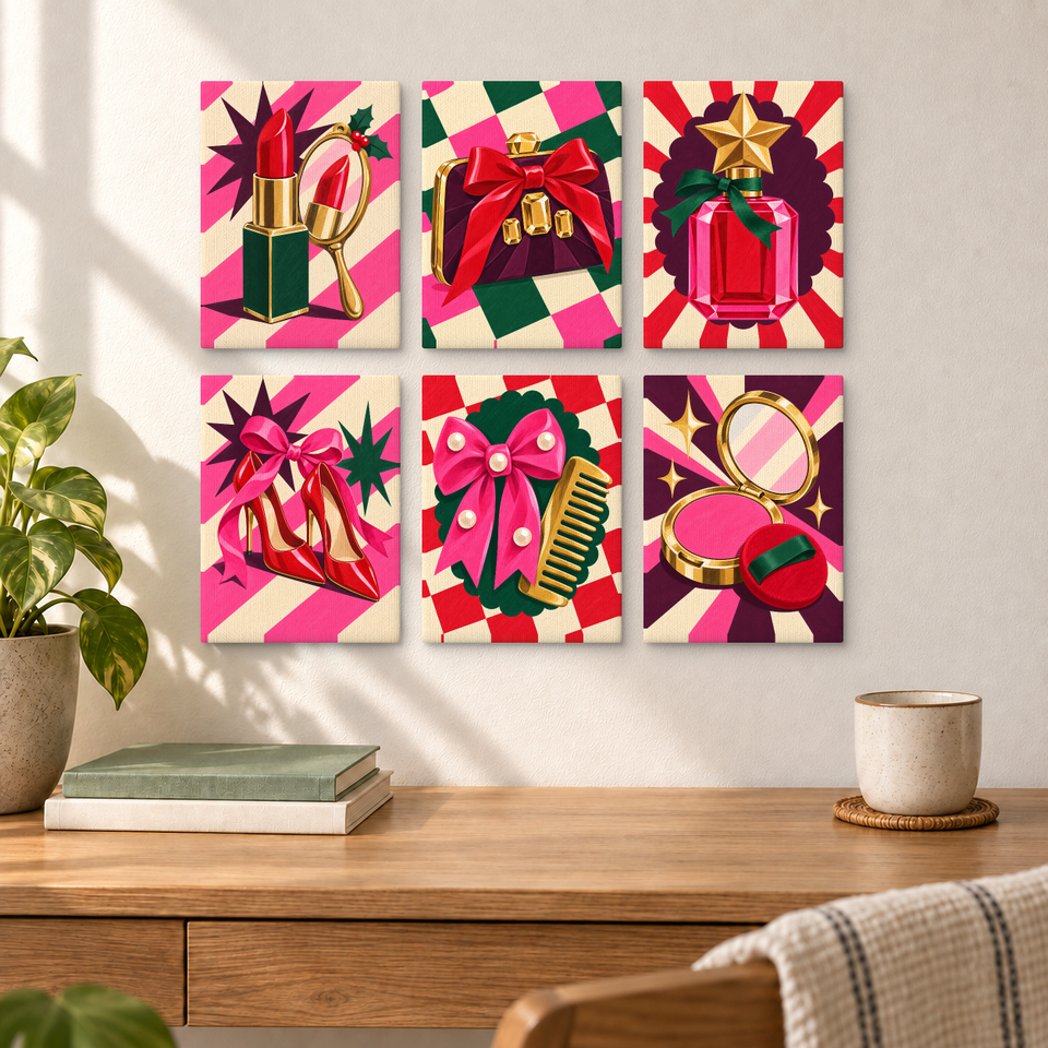 Holiday Glam — completed artworks displayed in a room; frames shown for styling.