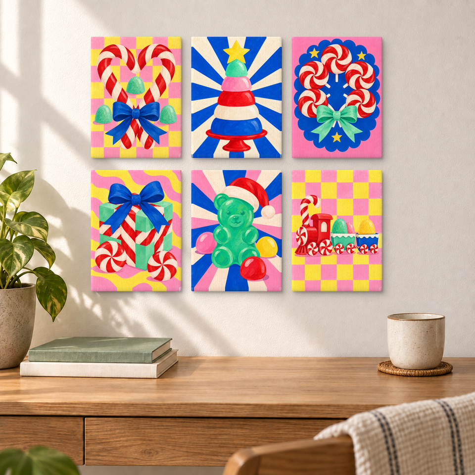 Candyland Christmas — completed artworks displayed in a room; frames shown for styling.