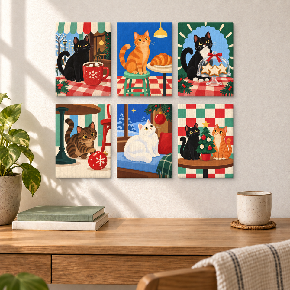 Christmas Cat Cafe — completed artworks displayed in a room; frames shown for styling.
