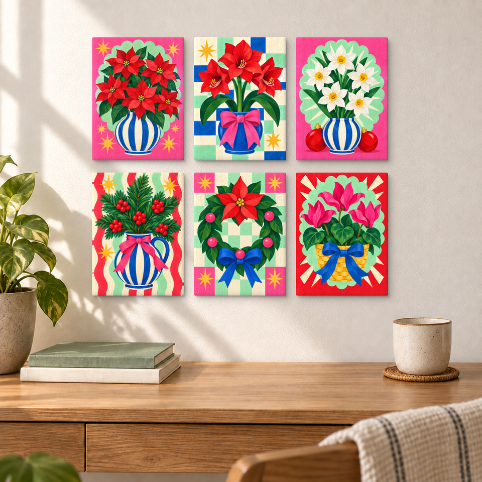 Christmas Flower Market — completed artworks displayed in a room; frames shown for styling.