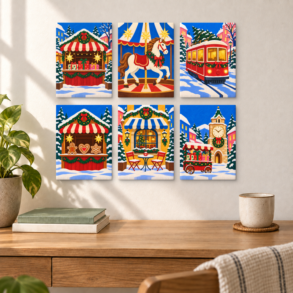 European Christmas Market — completed artworks displayed in a room; frames shown for styling.