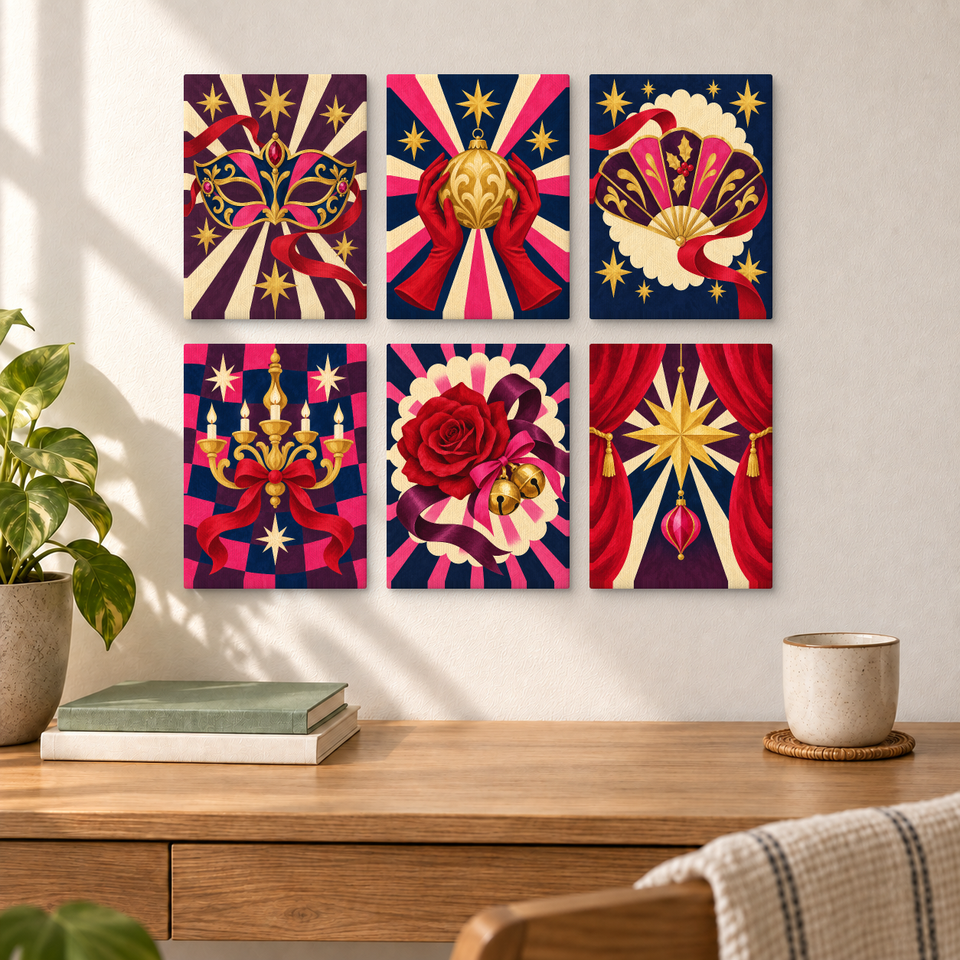 Midnight Christmas Masquerade — completed artworks displayed in a room; frames shown for styling.