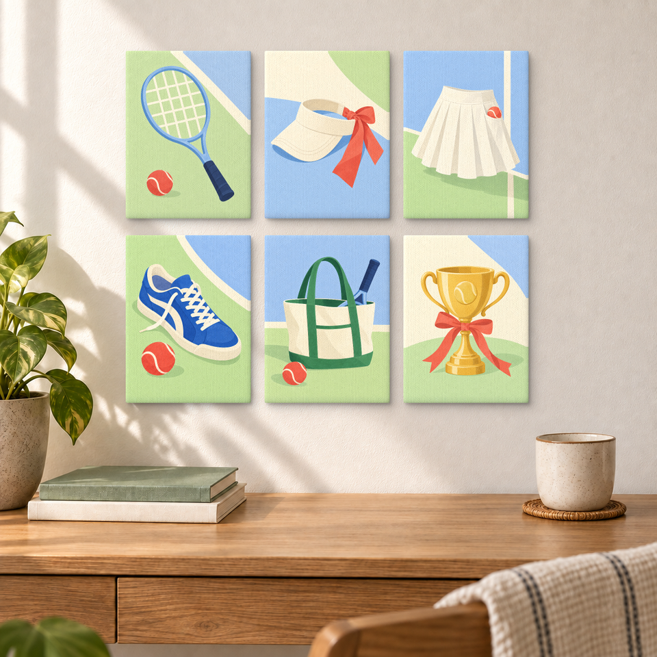 Sunday Tennis Club — completed artworks displayed in a room; frames shown for styling.