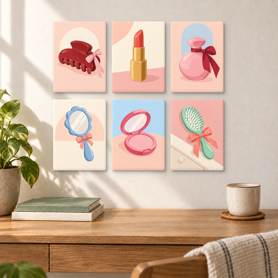 Bow Beauty Drawer — completed artworks displayed in a room; frames shown for styling.