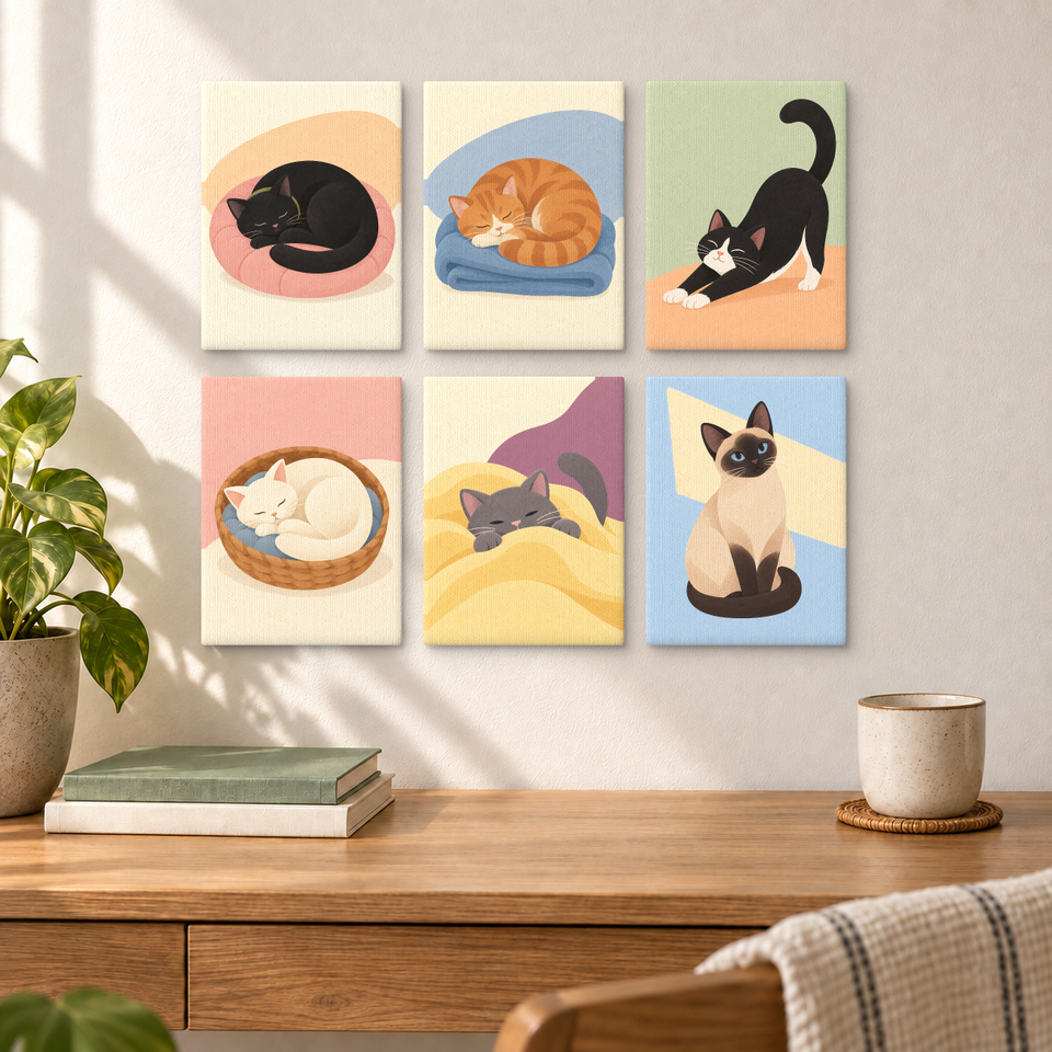 Cat Nap Society — completed artworks displayed in a room; frames shown for styling.