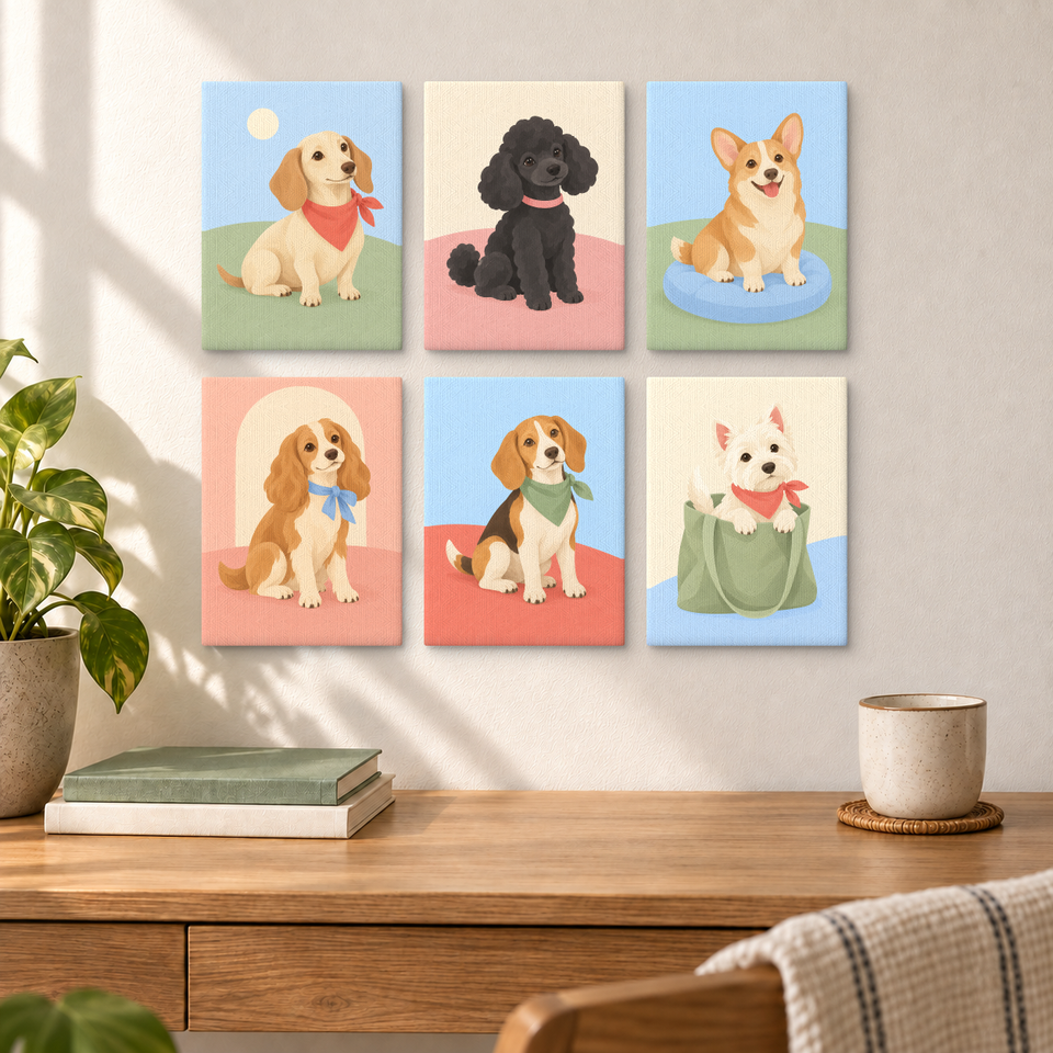 Little Dog Days — completed artworks displayed in a room; frames shown for styling.