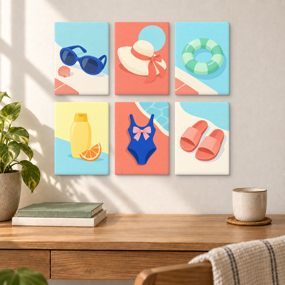 Quiet Poolside — completed artworks displayed in a room; frames shown for styling.