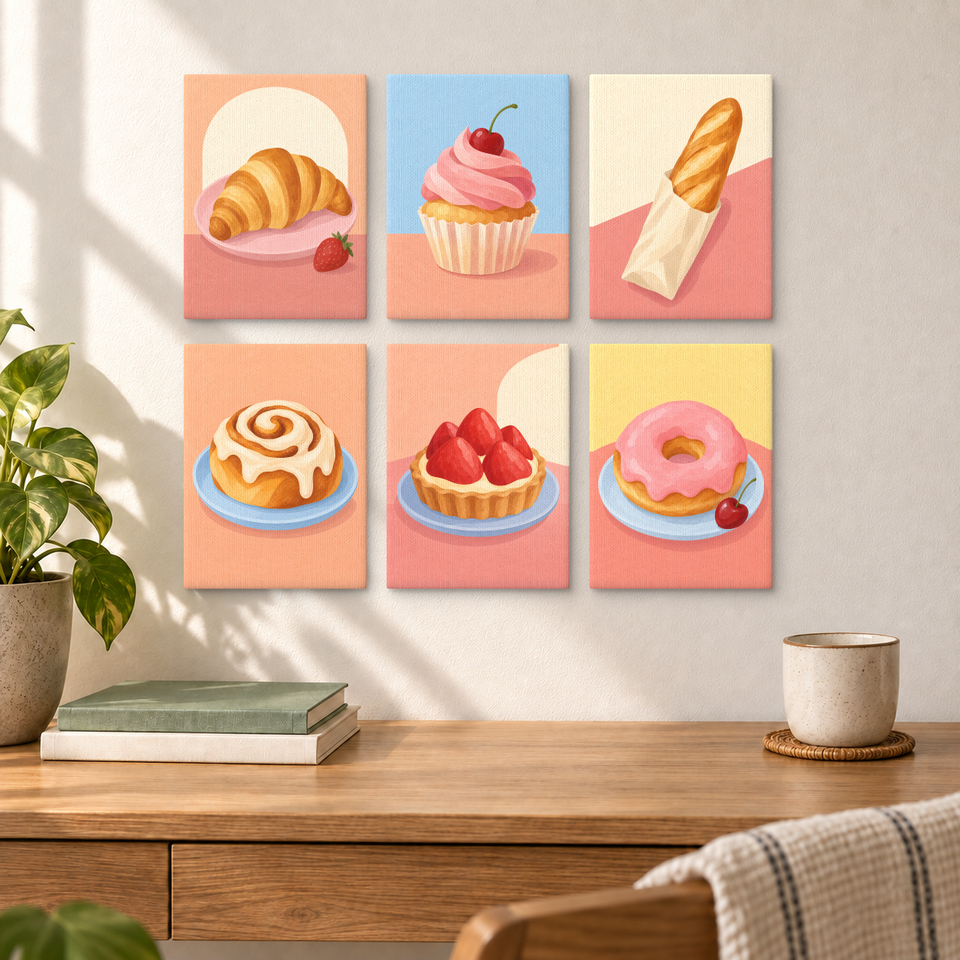 Tiny Bakery Window — completed artworks displayed in a room; frames shown for styling.