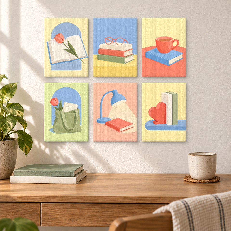 Bookstore Date — completed artworks displayed in a room; frames shown for styling.