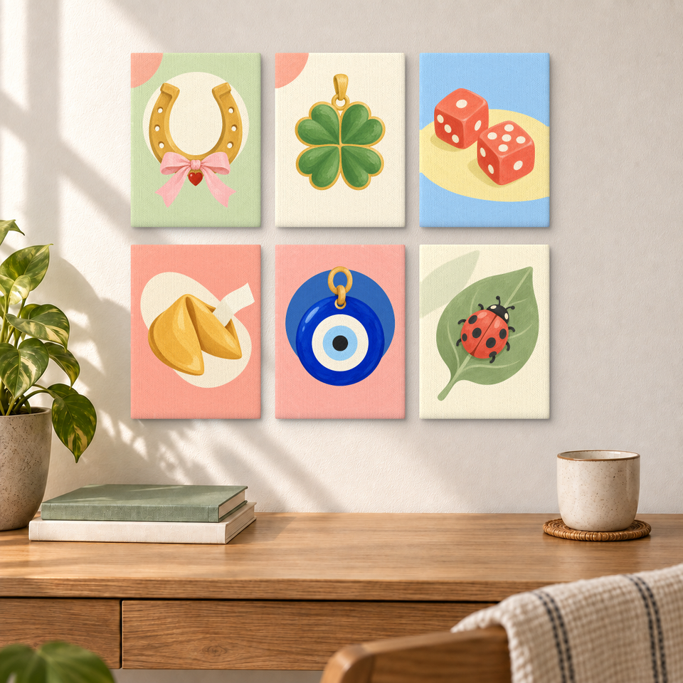 Lucky Little Things — completed artworks displayed in a room; frames shown for styling.