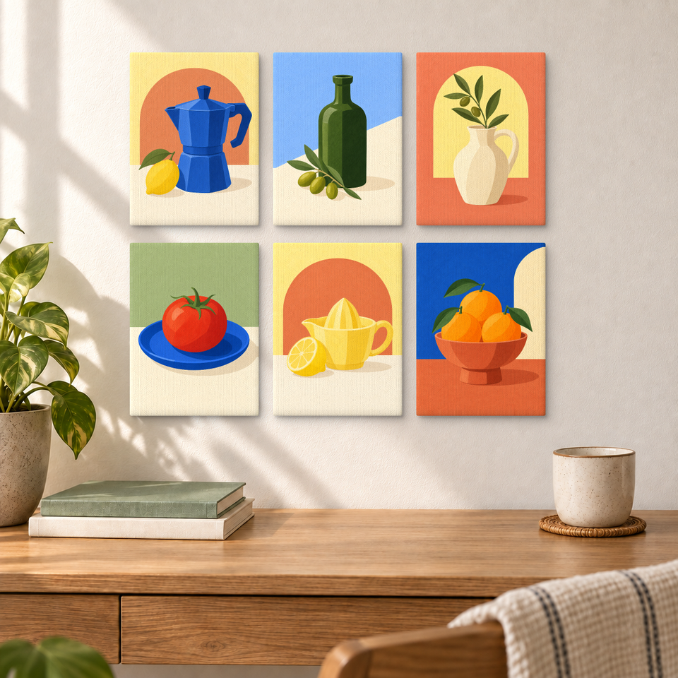Modern Mediterranean Kitchen — completed artworks displayed in a room; frames shown for styling.