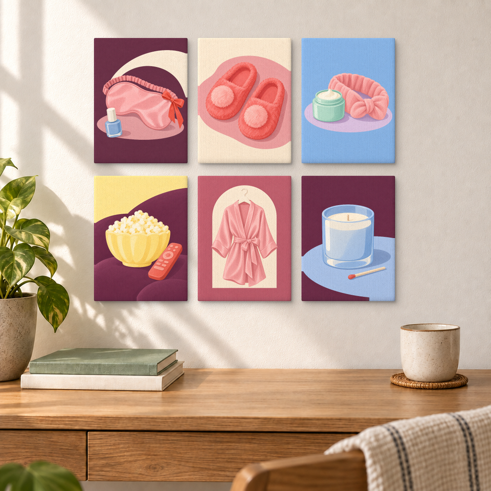 Girls' Night In — completed artworks displayed in a room; frames shown for styling.