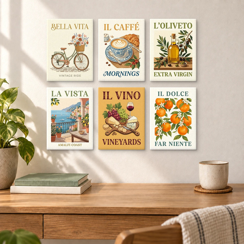 Vintage Italian Posters — completed artworks displayed in a room; frames shown for styling.