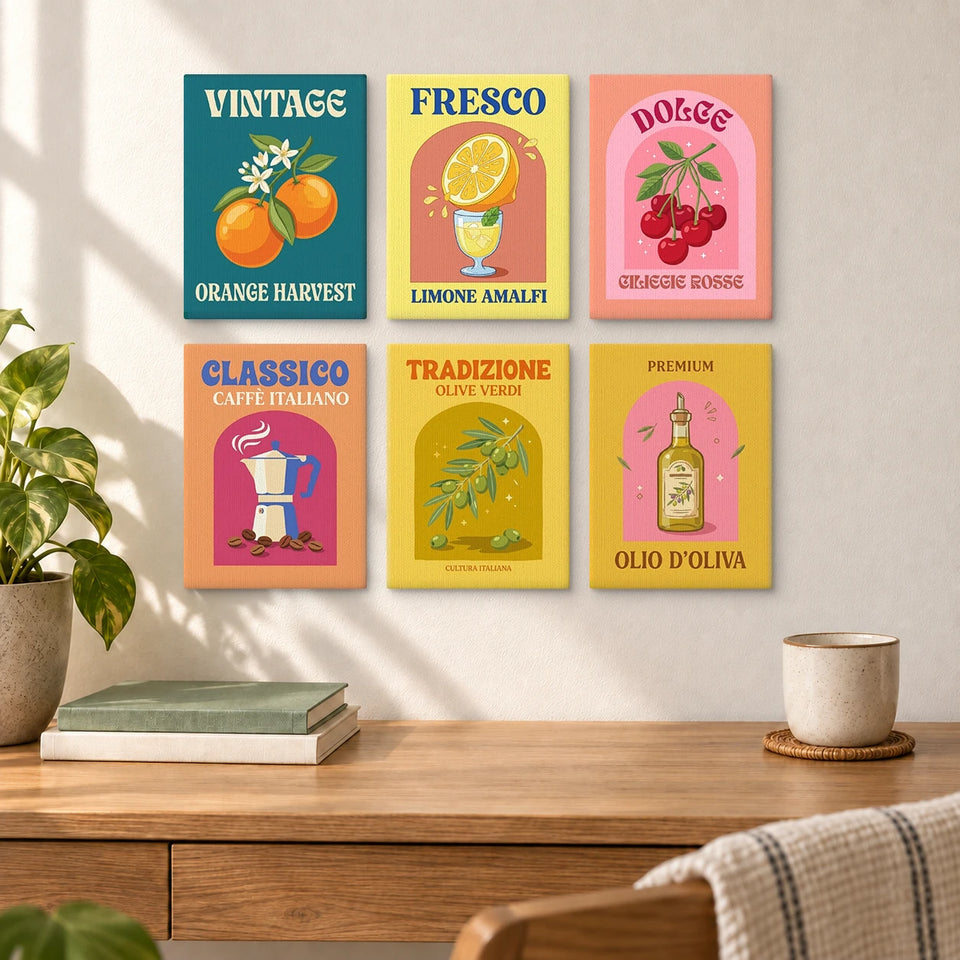 Vintage Italian Prints — completed artworks displayed in a room; frames shown for styling.