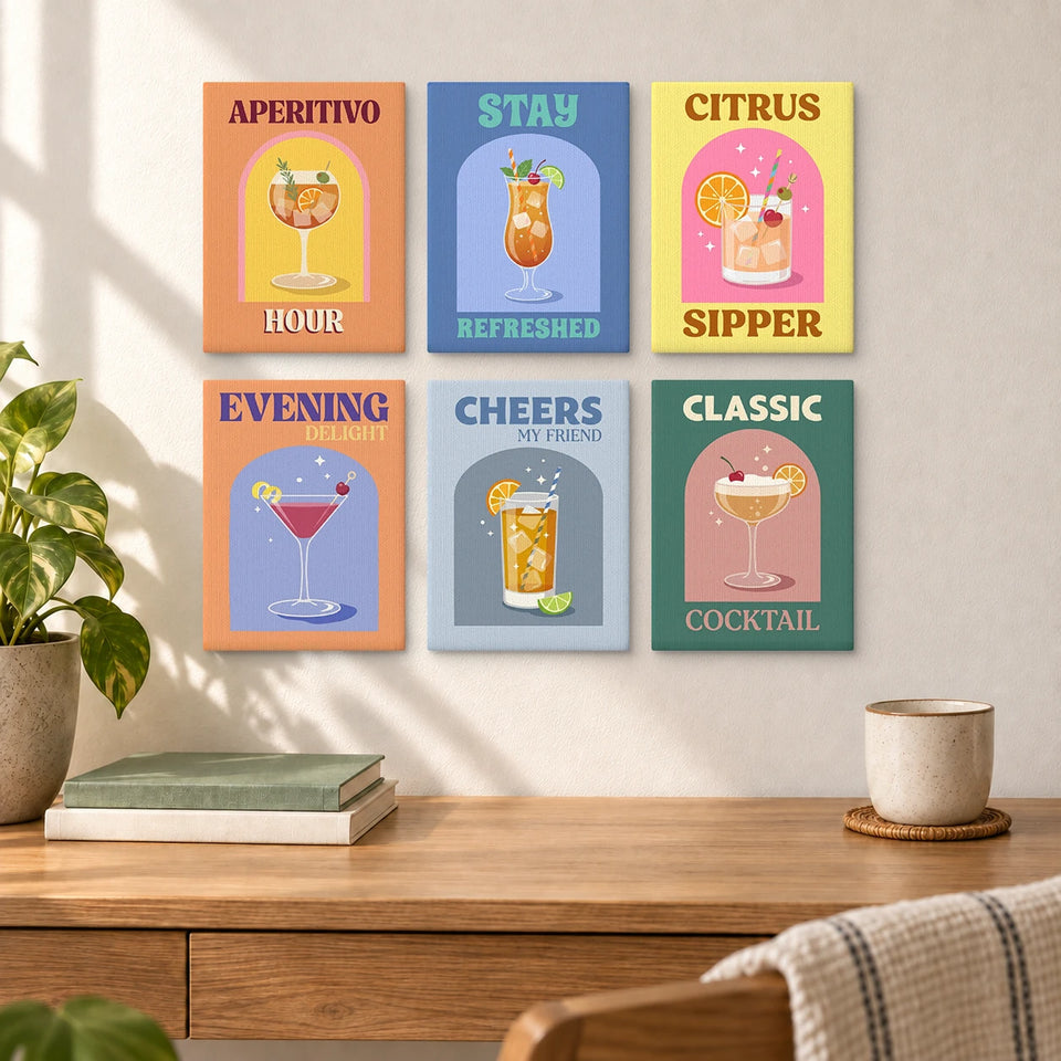 Aperitivo Cocktail Poster — completed artworks displayed in a room; frames shown for styling.