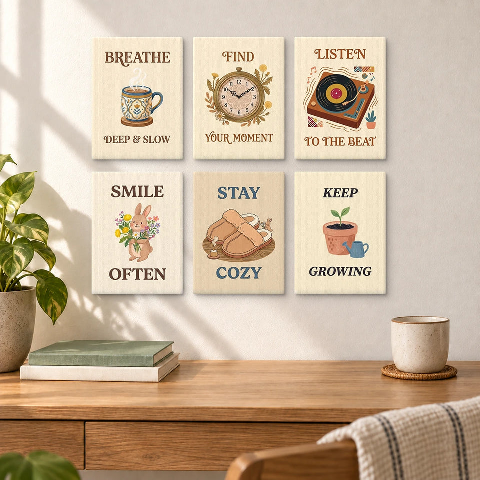 Cozy Motivational Illustrations — completed artworks displayed in a room; frames shown for styling.
