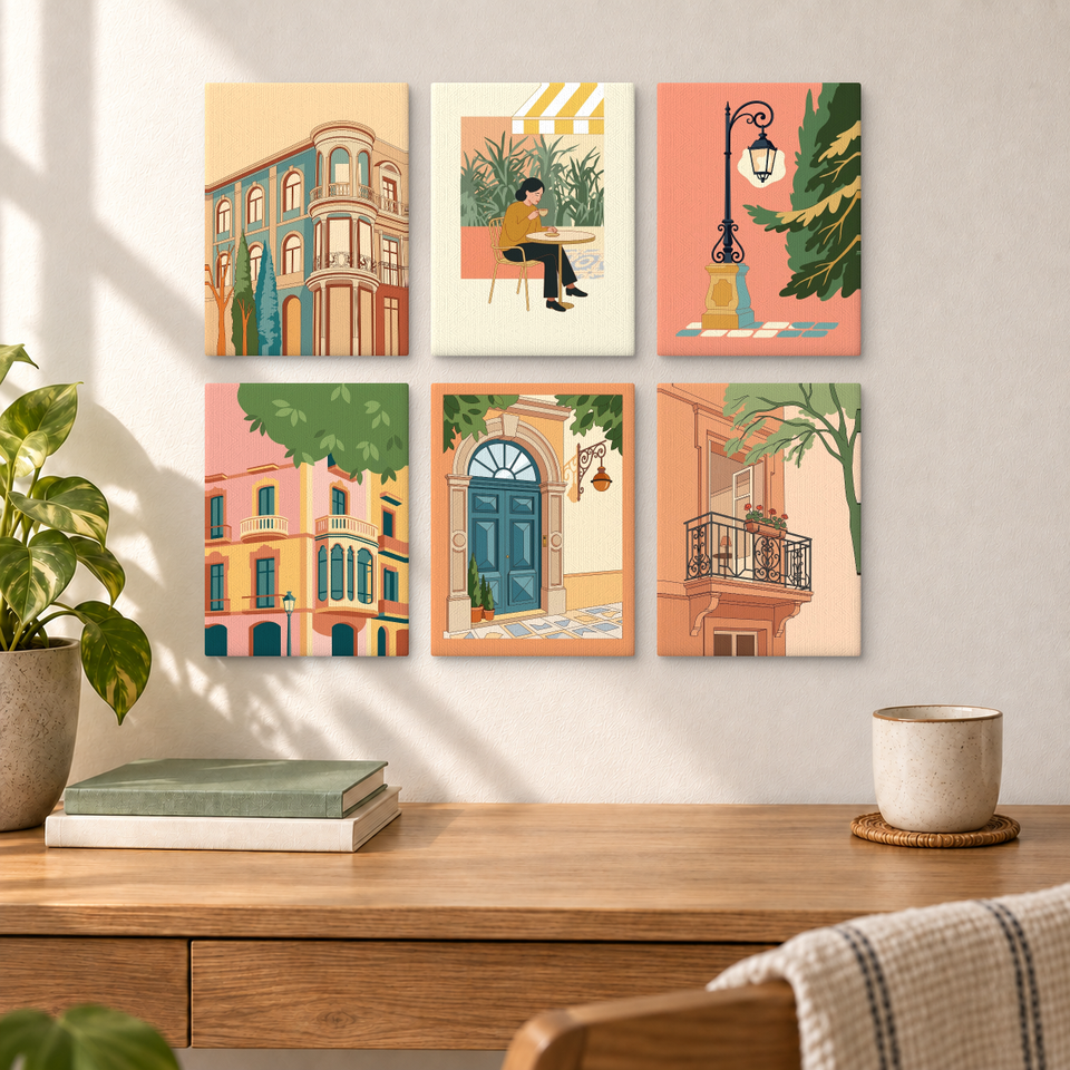 European Street Illustrations — completed artworks displayed in a room; frames shown for styling.