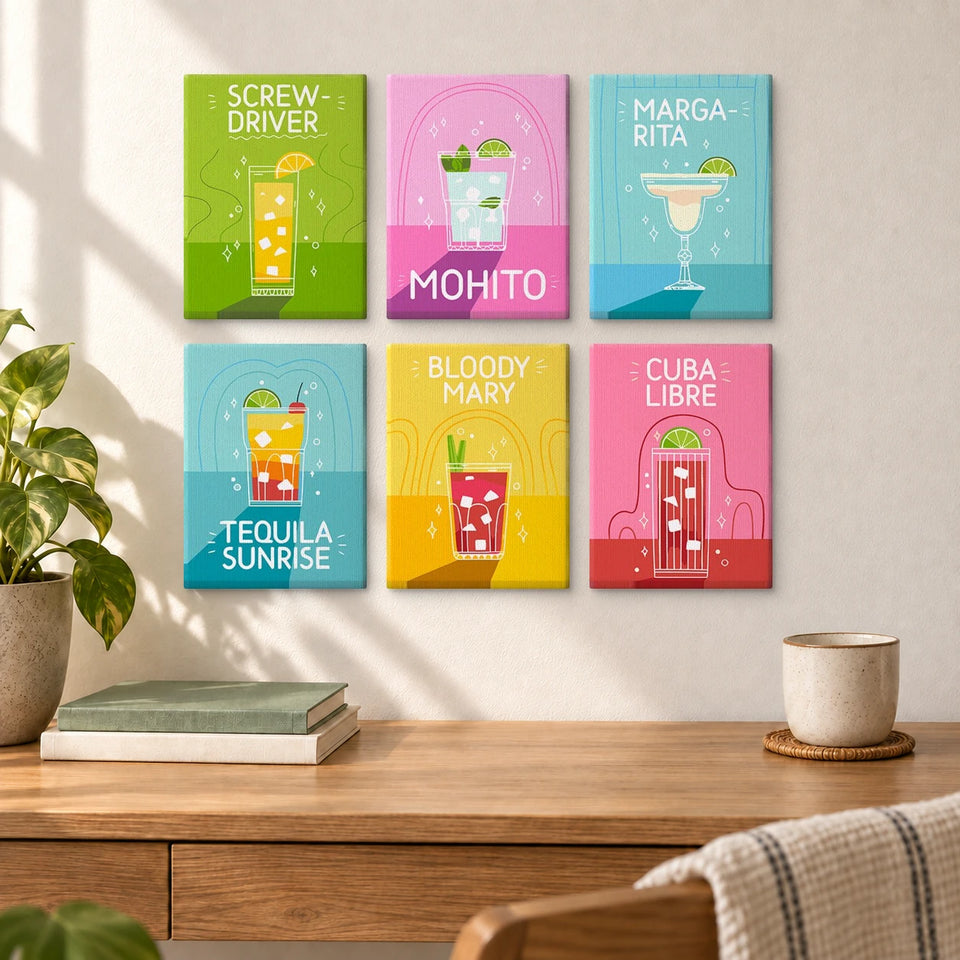Neon Cocktails — completed artworks displayed in a room; frames shown for styling.
