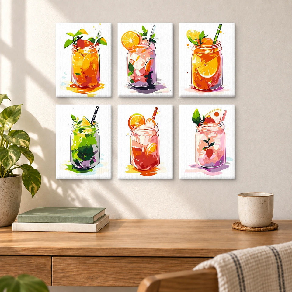 Mason Drinks — completed artworks displayed in a room; frames shown for styling.