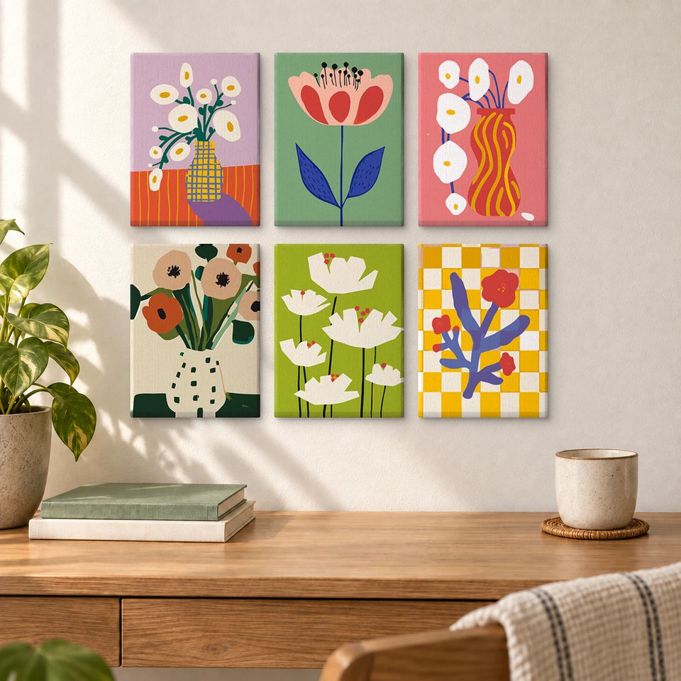 Vase Florals — completed artworks displayed in a room; frames shown for styling.