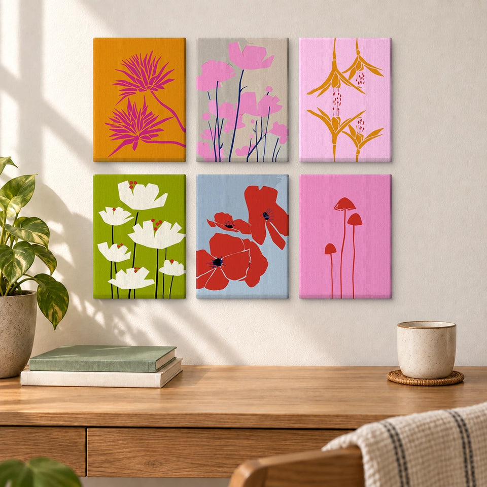 Modern Blooms — completed artworks displayed in a room; frames shown for styling.