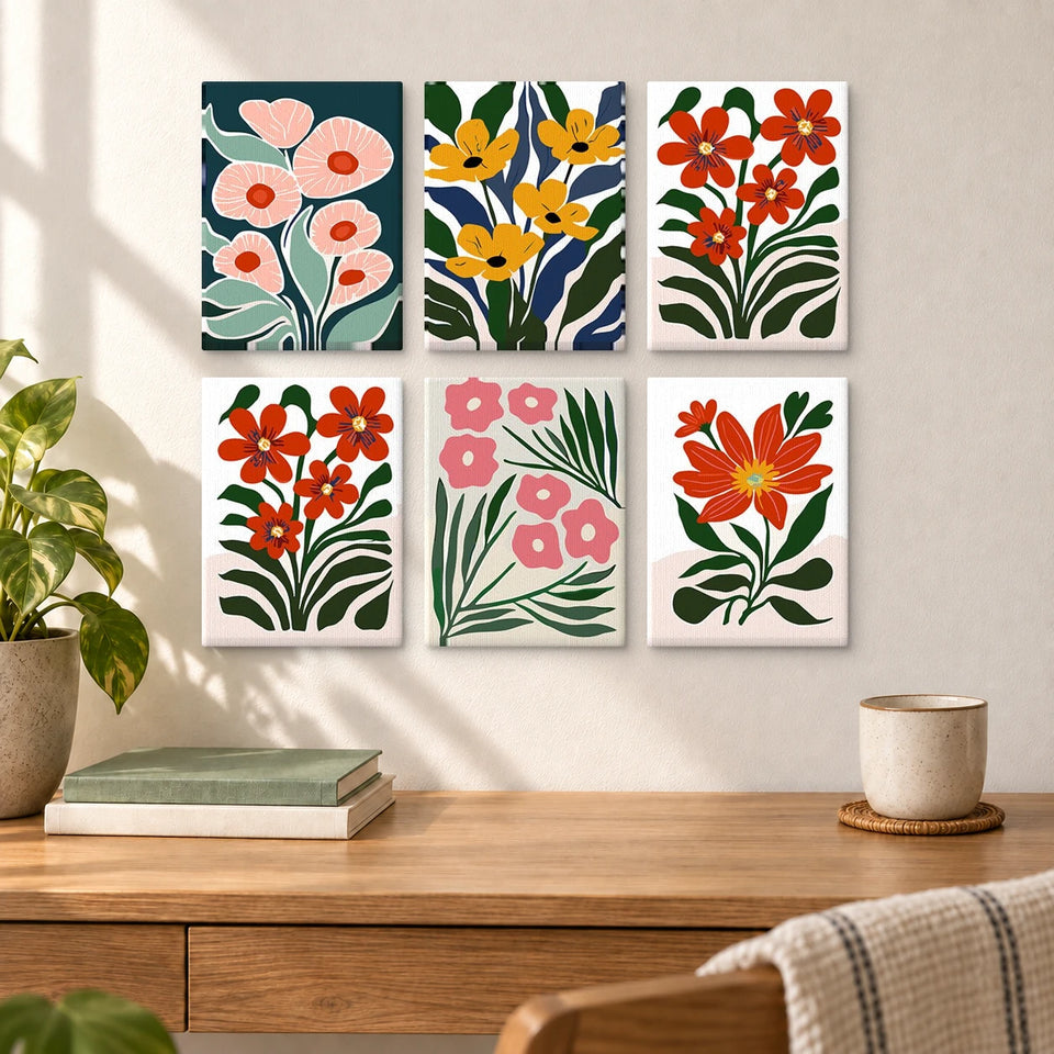 Bold Blooms — completed artworks displayed in a room; frames shown for styling.