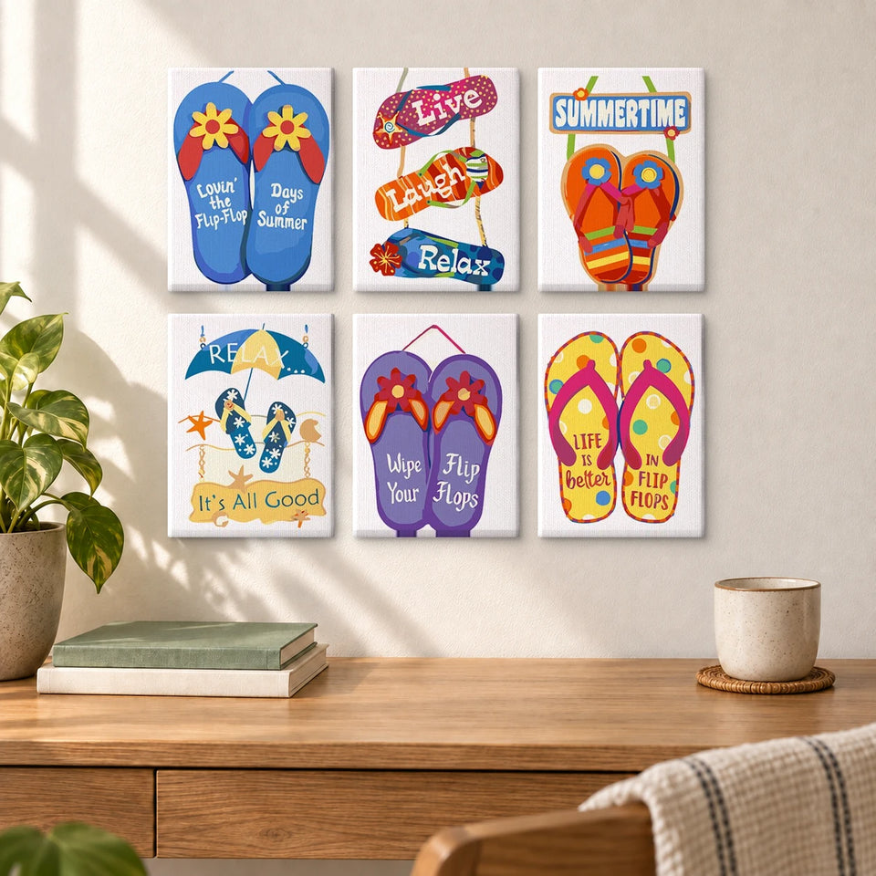 Beach Vibes — completed artworks displayed in a room; frames shown for styling.
