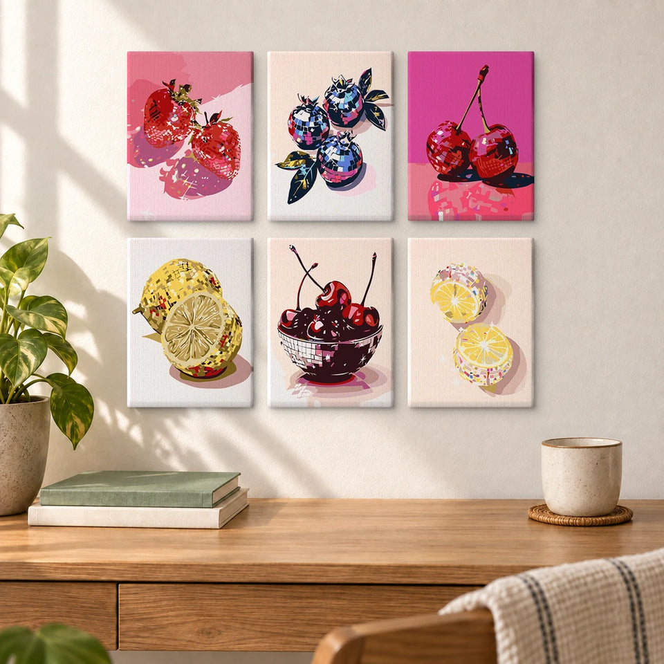 Glam Fruits — completed artworks displayed in a room; frames shown for styling.