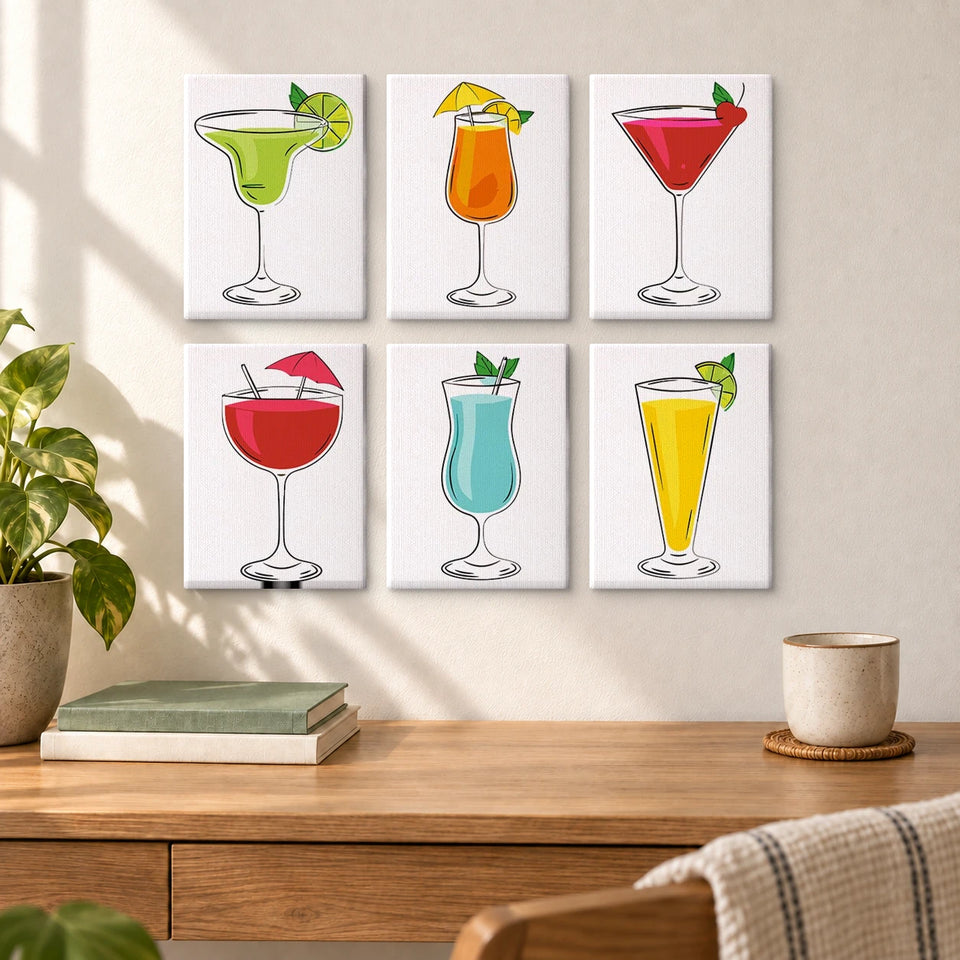 Bar Sips — completed artworks displayed in a room; frames shown for styling.