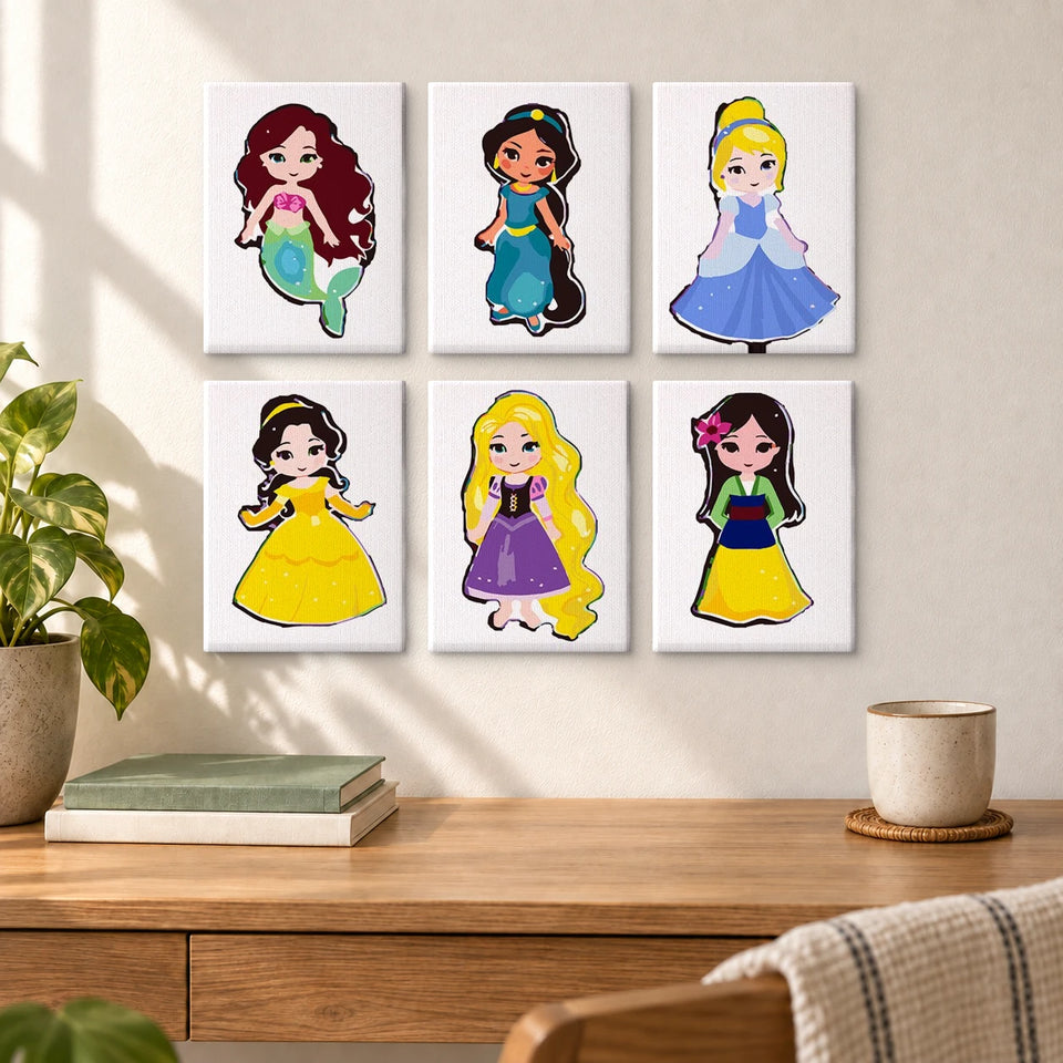 Fairy Princesses — completed artworks displayed in a room; frames shown for styling.