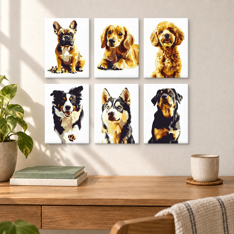 Dog Portraits — completed artworks displayed in a room; frames shown for styling.