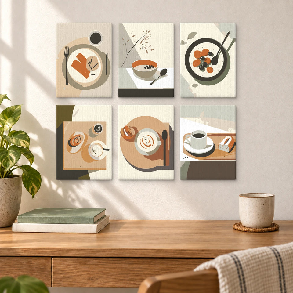 Coffee & Tea — completed artworks displayed in a room; frames shown for styling.