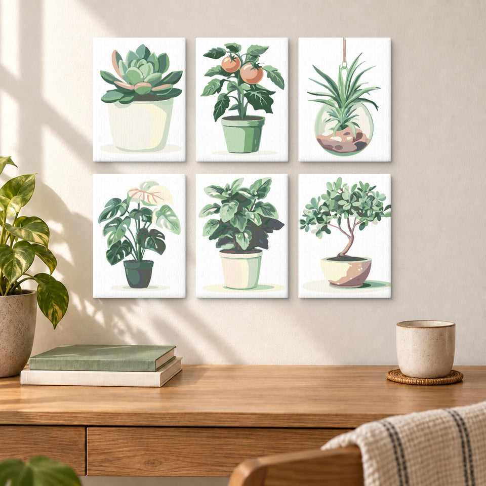 Green Plants — completed artworks displayed in a room; frames shown for styling.