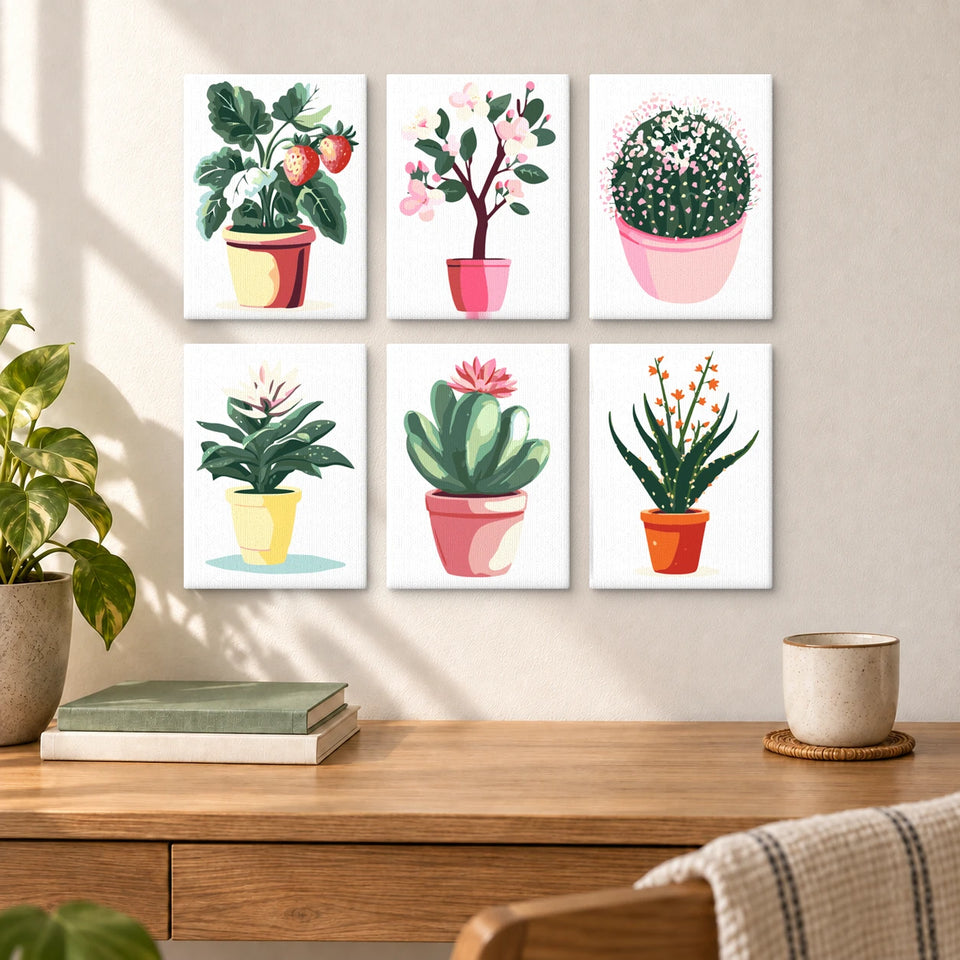 Cute Cactus — completed artworks displayed in a room; frames shown for styling.