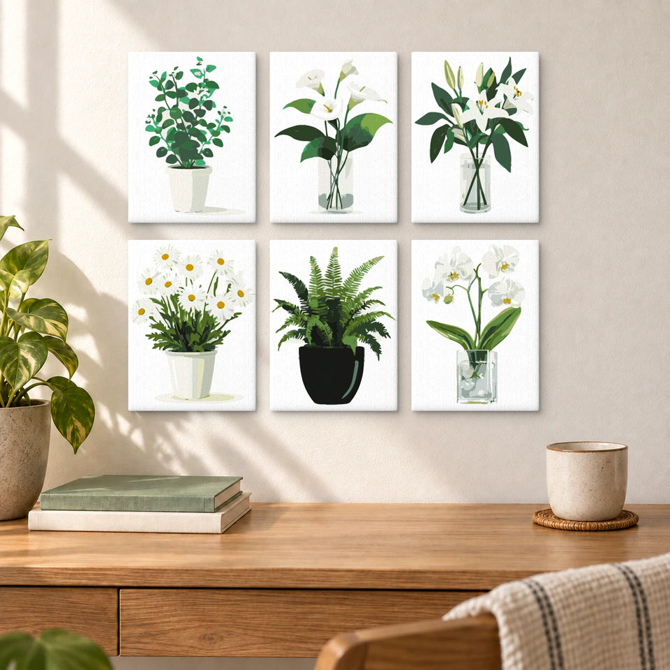 Potted Greens — completed artworks displayed in a room; frames shown for styling.