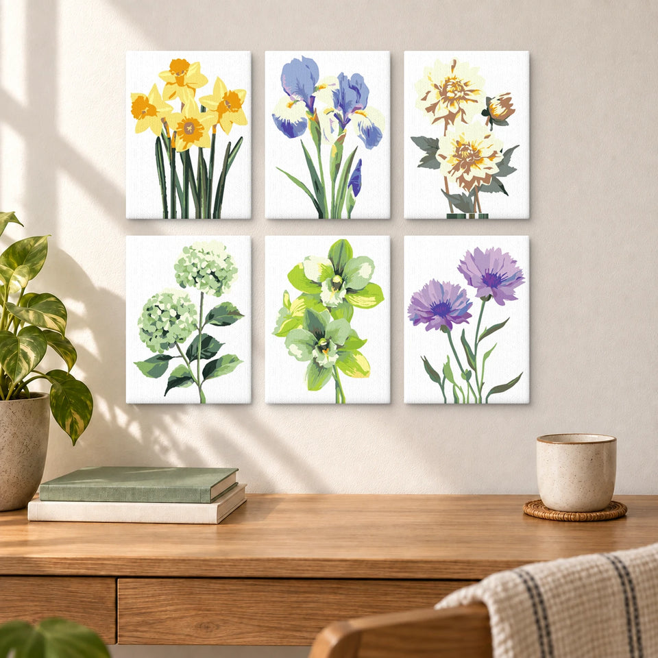 Garden Flowers — completed artworks displayed in a room; frames shown for styling.