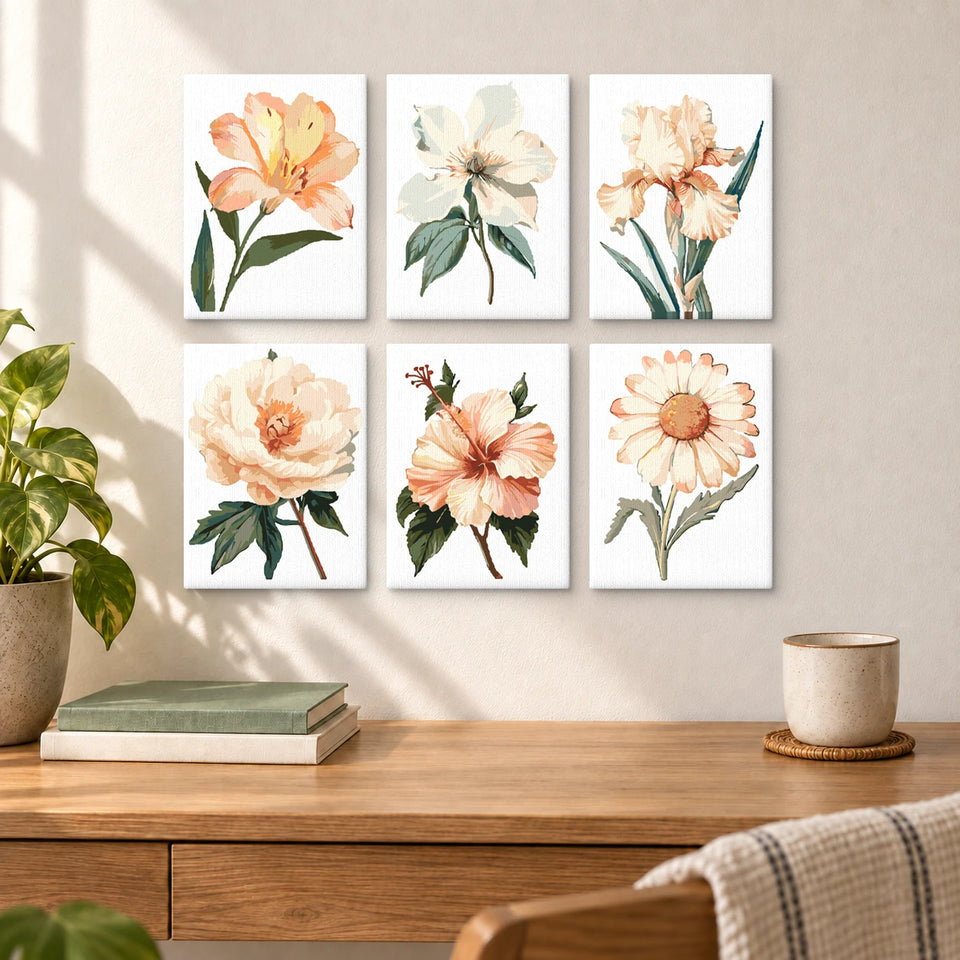 Bloom Quartet — completed artworks displayed in a room; frames shown for styling.